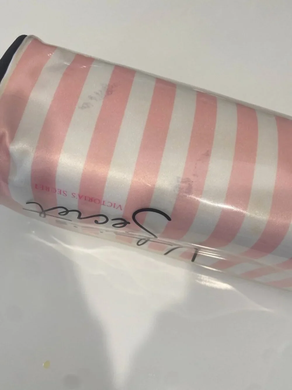 Victoria's Secret Cosmetic Bag Pink Stripe Black Trim Zip Top Lined Makeup Case